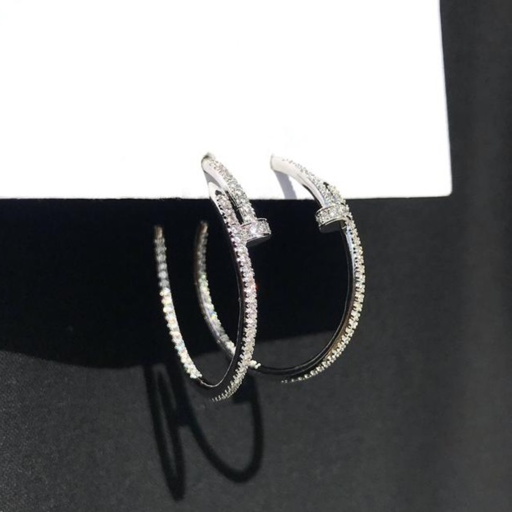 NIB Nail Hoop Earrings, Silver Diamond